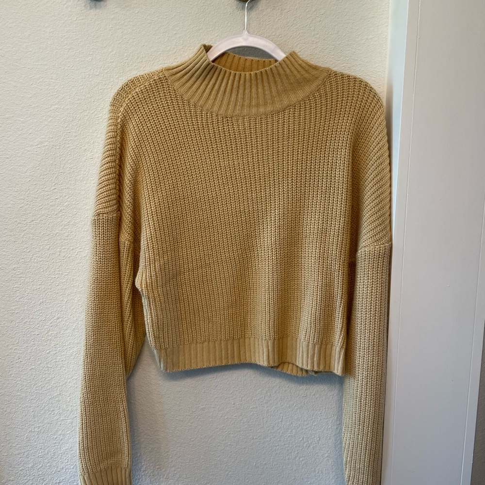 Cozy Cropped Tan Turtleneck Sweater